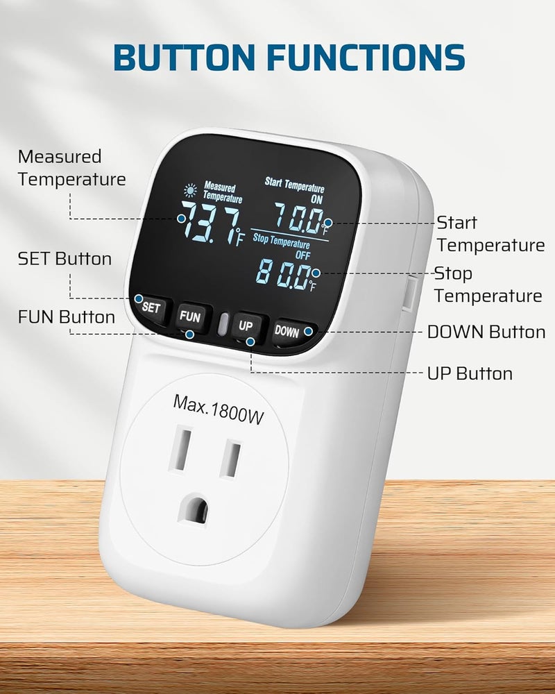 DEWENWILS Digital Temperature Controller, Heavy Duty 15A/1800W Thermostat Outlet Plug, VA Display Heating Cooling Control Timer, -40℉~210℉, Cyclic Timing/Countdown, for Greenhouse Incubator Homebrew - Image 2